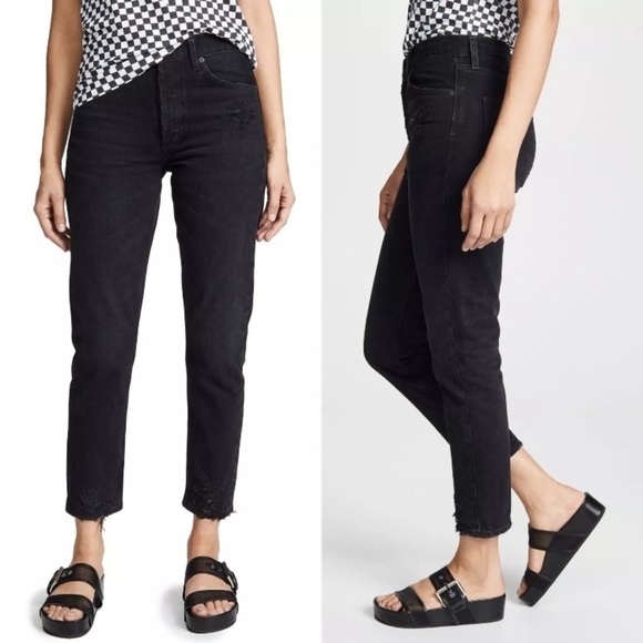 Agolde Jamie high rise jeans size 27 distressed Black Wash Classic Tapered Denim - Picture 2 of 16